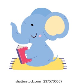 Cute Baby Elephant Character with Trunk Reading Book Vector Illustration