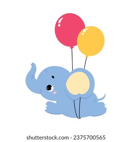 Cute Baby Elephant Character with Trunk Flying with Balloons Vector Illustration