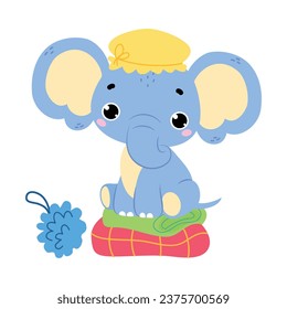 Cute Baby Elephant Character with Trunk Sitting on Towel Vector Illustration