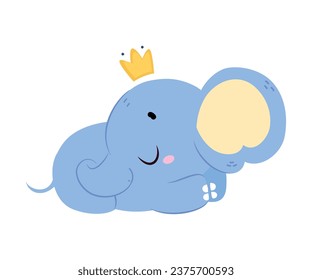 Cute Baby Elephant Character with Trunk and Crown on Head Cuddle Vector Illustration