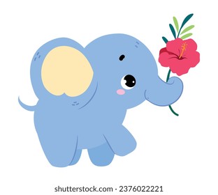 Cute Baby Elephant Character with Trunk Holding Flower Vector Illustration