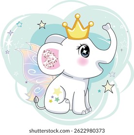 Cute baby elephant character with wings and crown cartoon illustration. Animal mammal with big ears clipart for kids.