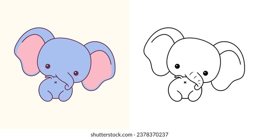 Cute Baby Elephant Clipart for Coloring Page and Illustration. Happy Clip Art Animal. Happy Vector Illustration of a Kawaii Baby Animal for Stickers, Baby Shower, Coloring Pages. 