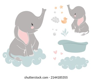 Cute baby elephant with cloud, bath, duck and soap bubbles on white background. Set of hand drawn vector illustration.