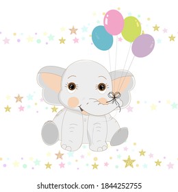 Cute baby elephant with colorful balloon. Seamless for fabric design repeated pattern