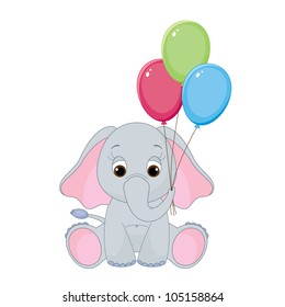 Cute baby elephant with colorful balloons. Isolated on white