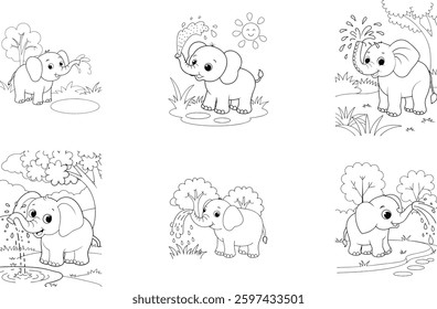 Cute Baby Elephant Coloring Page Set - Adorable Cartoon Elephants Playing with Water - Fun and Engaging Kids' Activity Sheets