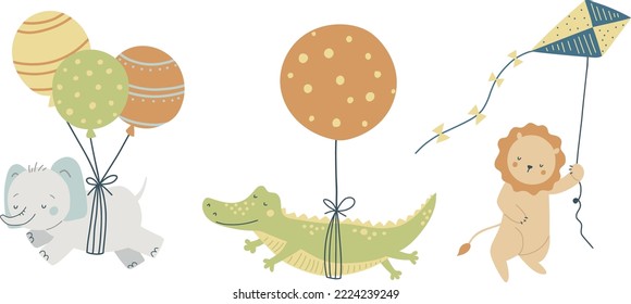 Cute baby elephant, crocodile, lion is flying in a balloon, vector illustration for design, print, pattern, isolated