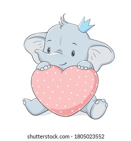 Cute baby elephant in a crown with a big pink heart, vector illustration.