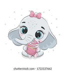 Cute baby elephant with cupcake. Vector illustration for baby shower, greeting card, party invitation, fashion clothes t-shirt print.