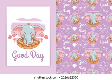 cute baby elephant with donuts cartoon illustration and seamless pattern set
