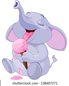 Cute baby elephant eating ice cream
