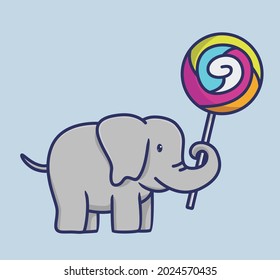 Cute baby elephant eating a lollipop candy holding by his trunk. Animal Isolated Cartoon Flat Style Sticker Web Design Icon illustration Premium Vector Logo mascot
