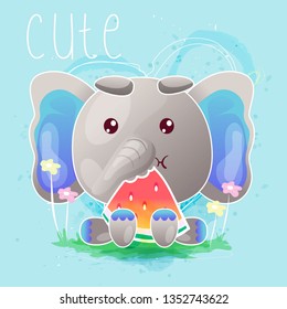 cute baby elephant eating watermelon cartoon. Can be used for kids/babies shirt design, fashion print design,t-shirt, kids wear,textile design,celebration card/ greeting card, invitation card - Vector