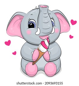 Cute baby elephant eats ice cream. Vector illustration of an animal on a white background.