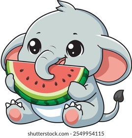 Cute Baby Elephant Enjoying Watermelon isolated with white background