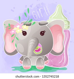 cute baby elephant with feeding bottle.Can be used for kids/babies shirt design, fashion print design,t-shirt, kids wear,textile design,celebration card/ greeting card, invitation card - Vector