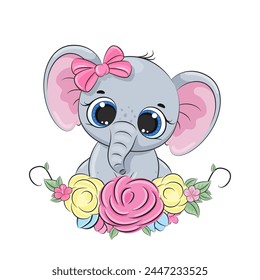 Cute baby elephant with floral wreath. Vector illustration
