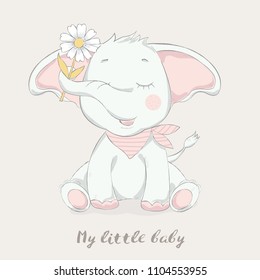 cute baby elephant with flower cartoon  for t-shirt, print, product, flyer ,patch, fabric, textile,tile,card, greeting  fashion,baby, kid, shower, powder,soap, hand drawn style. vector illustration