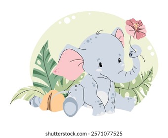 Cute baby elephant with flower and palm leaves on white background. Vector illustration of african animal for children's card, sticker, print, etc.