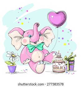 Cute baby elephant, flowers, balloons and gifts. Vector illustration.