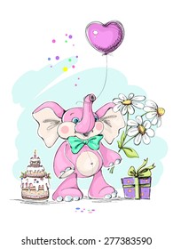 Cute baby elephant, flowers, balloons and gifts. Vector illustration.