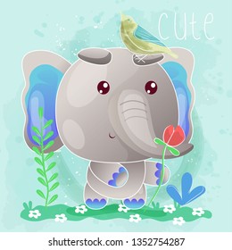 cute baby elephant with flowers and birds. Can be used for kids/babies shirt design, fashion print design,t-shirt, kids wear,textile design,celebration card/ greeting card, invitation card - Vector