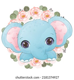 Cute baby elephant with flowers in watercolor illustration