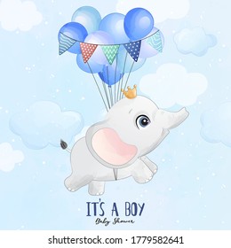 Cute baby elephant flying with balloon illustration