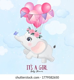 Cute baby elephant flying with balloon illustration