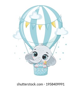 Cute Baby Elephant Flying In A Hot Air Balloon. Cartoon Vector Illustration.