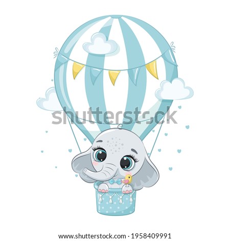 Cute baby elephant flying in a hot air balloon. Cartoon vector illustration.