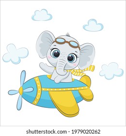 Cute baby elephant is flying on a plane. Cartoon vector illustration.