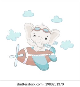 Cute baby elephant is flying on a plane. Cartoon vector illustration.