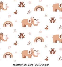 Cute baby elephant with frog vector seamless pattern. Beige nursery decor animal print.