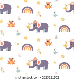 Cute baby elephant with frog vector seamless pattern. Hand drawn nursery decor animal print.