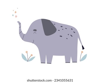 Cute baby elephant. Funny adorable Scandinavian African animal with trunk shower. Sweet kawaii Scandi jungle mammal. Nordic nursery kids flat vector illustration isolated on white background