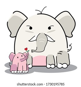 Cute baby elephant gave flowers to the mother elephant. hand drawn vector illustration. Can be used for t-shirt print, kids wear fashion design.