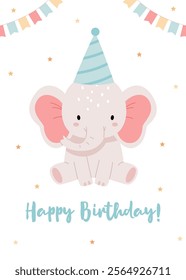 Cute baby elephant. Happy birthday card in pastel colors in Scandinavian style.