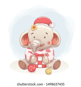 cute baby elephant happy gets gift in christmas. vector hand drawn cartoon art style