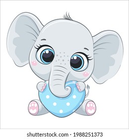 Un pequeño elefante lindo con el corazón. Ilustración vectorial de dibujos animados.