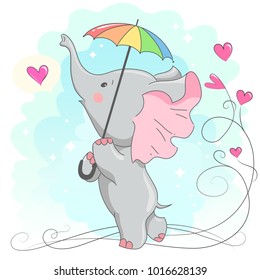 Cute baby elephant  with hearts. Hand drawn vector cartoon  illustration. It can be used for baby t-shirt design, fashion print, velentines day card, poster, design element for children's clothes