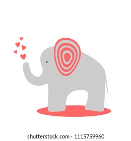 Cute baby elephant with hearts. Simple print, card, poster for children. Cartoon vector illustration.