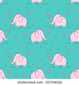 Cute baby elephant with hearts - vector hand drawn seamless pattern. Childish kawaii style sketch with small animal. Valentines day romantic wallpaper