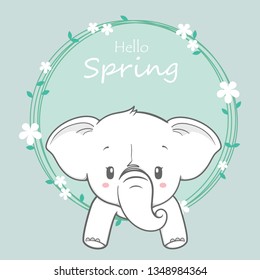 Cute baby elephant hello spring cartoon hand drawn vecter illustration. Use for greeting and invitation card.