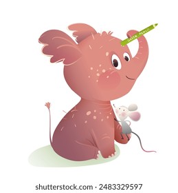 Cute baby elephant and his friend mouse drawing with pencil. Characters for children fairy tale or story. Animals friendship for kindergarten. Hand drawn vector animal clipart illustration for kids.