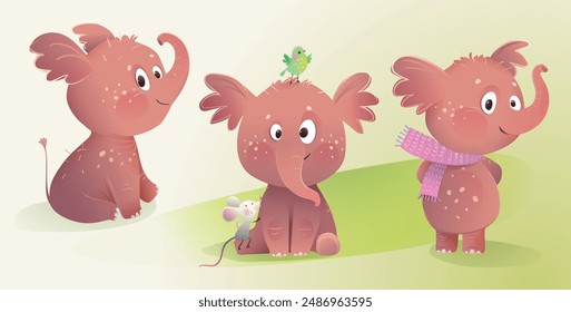 Cute baby elephant and his friends mouse and bird. Elephant character collection for children fairy tale. Animals for kindergarten cartoon. Hand drawn vector clipart set illustration for kids.