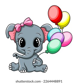 Cute baby elephant holding a balloon