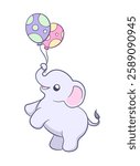 Cute baby elephant holding balloons cartoon illustration. Animal mammal with big ears and trunk clipart for kids.