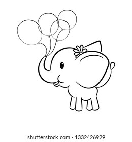 Cute  baby elephant holding balloons in trunk on white background.  Colouring page. Vector illustration.
